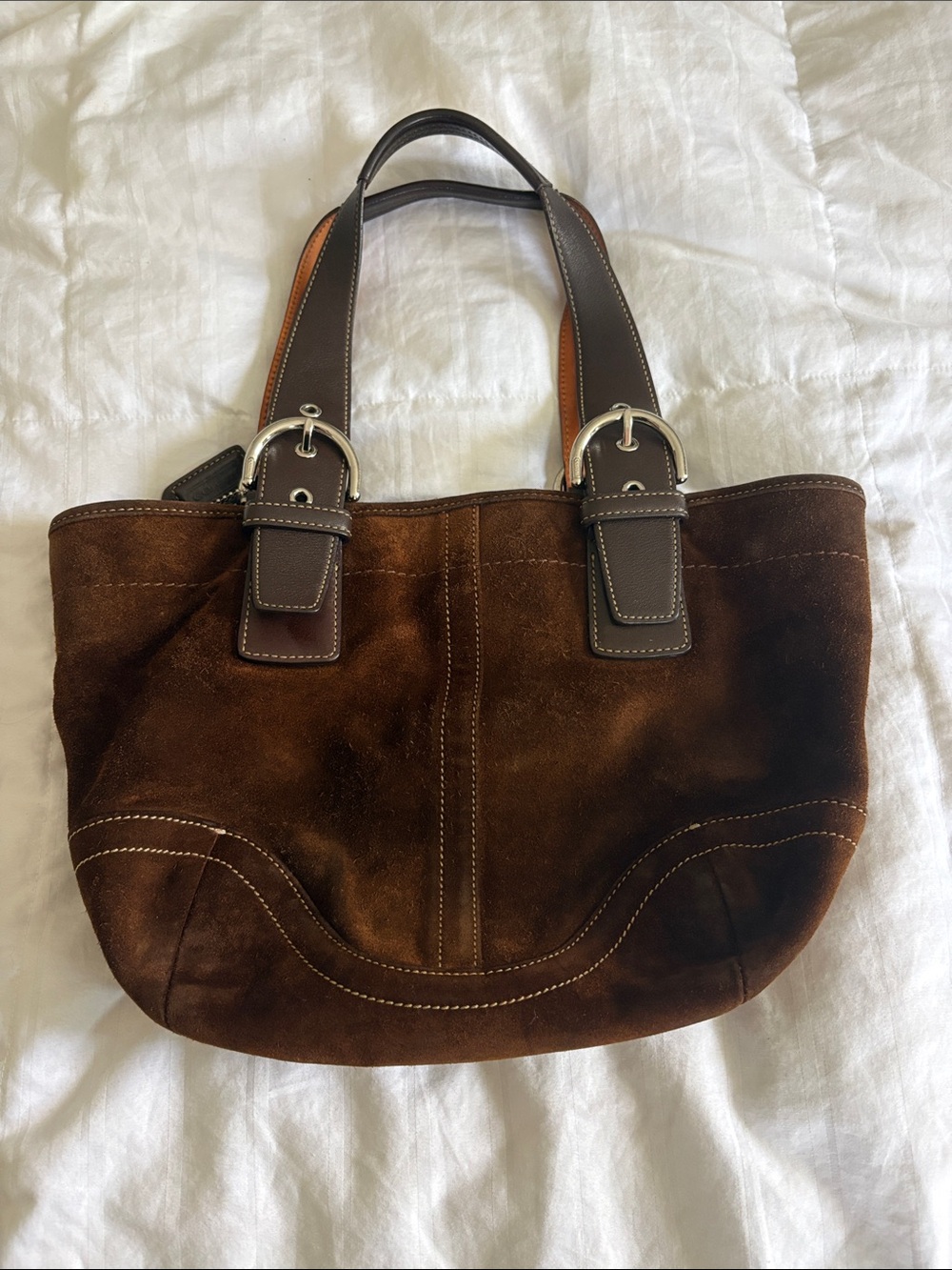 Coach Brown Suede Leather Logo Patch Hobo with Beige Signature Lining